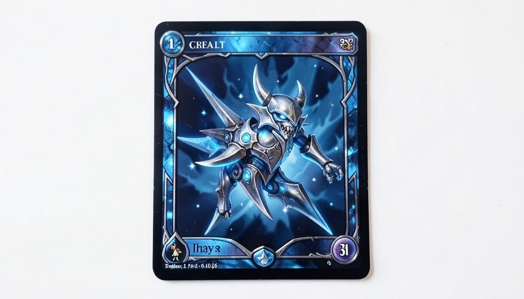A blue and colorless artifact-themed Magic card, metallic silvers and deep navy blues on a clean white playmat.