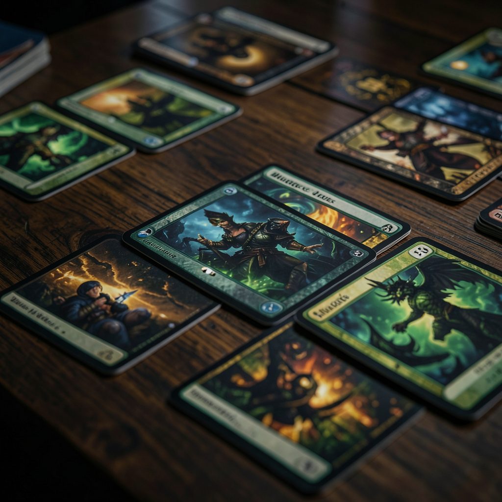 A close-up of Magic: The Gathering cards spread across a dark wooden table, with deep greens, blacks, and golds dominating.