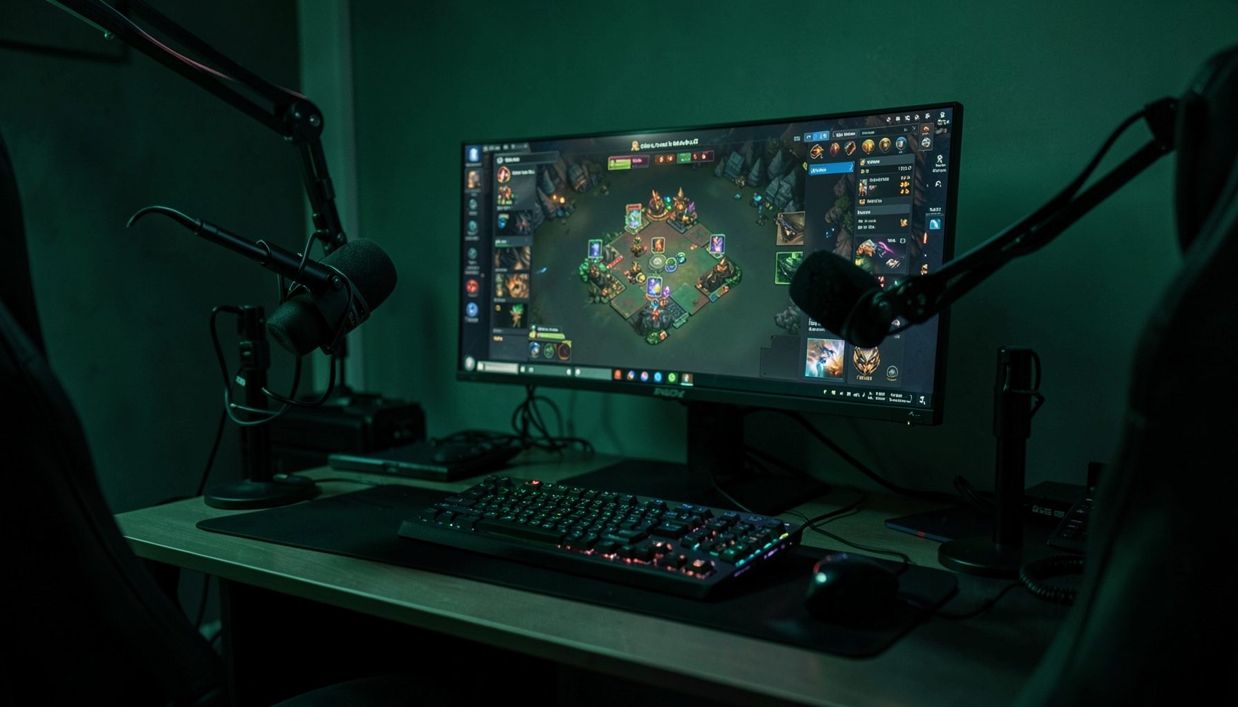A dimly lit gaming desk with a large monitor displaying a card game interface, surrounded by microphones and streaming equipment