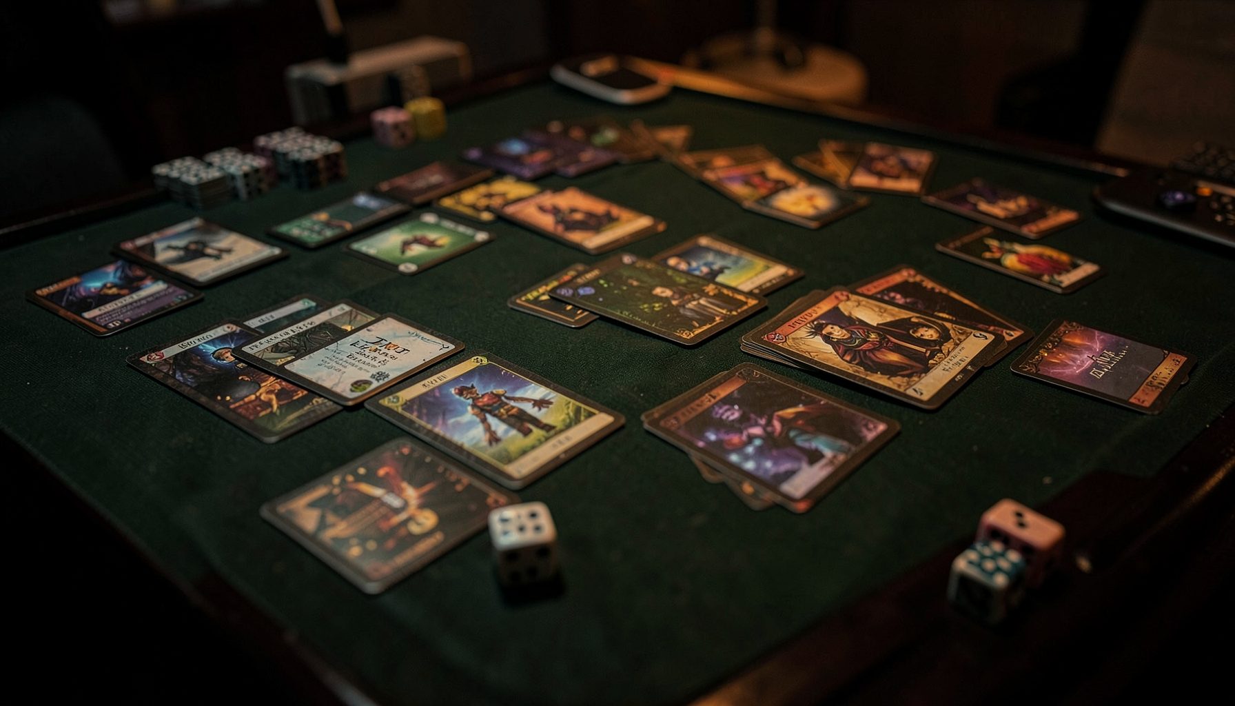 A dimly lit gaming tabletop with Magic cards spread across a dark green playmat, dice scattered nearby, warm amber ambient light