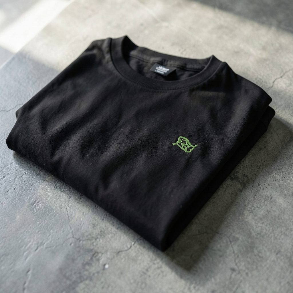 A folded black t-shirt with a subtle green emblem resting on a textured grey surface, soft natural light falling across the fabric.