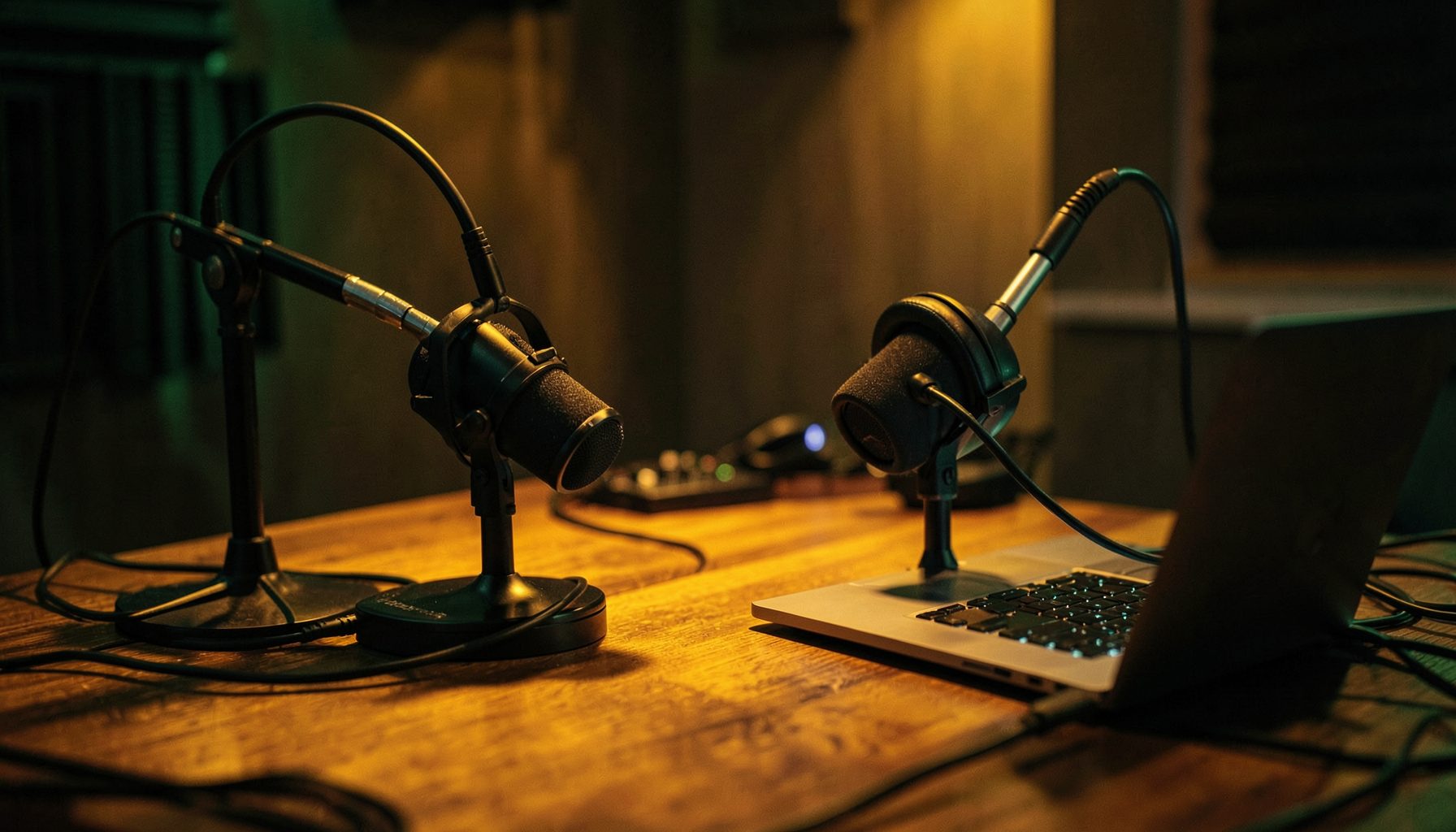 A podcast recording setup with two microphones on a wooden table, headphones, and a laptop, bathed in warm amber and dark tones