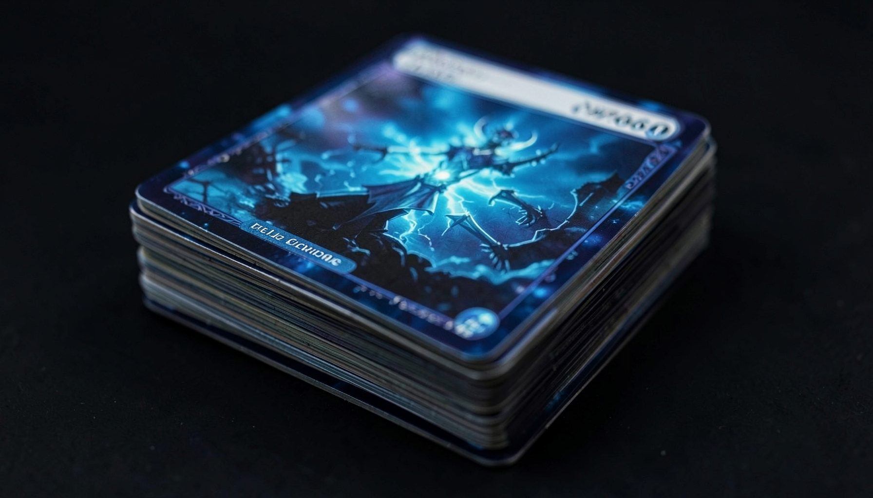 A stack of Magic cards with a blue-tinted spell card on top, cool blues and silvers against a dark background.
