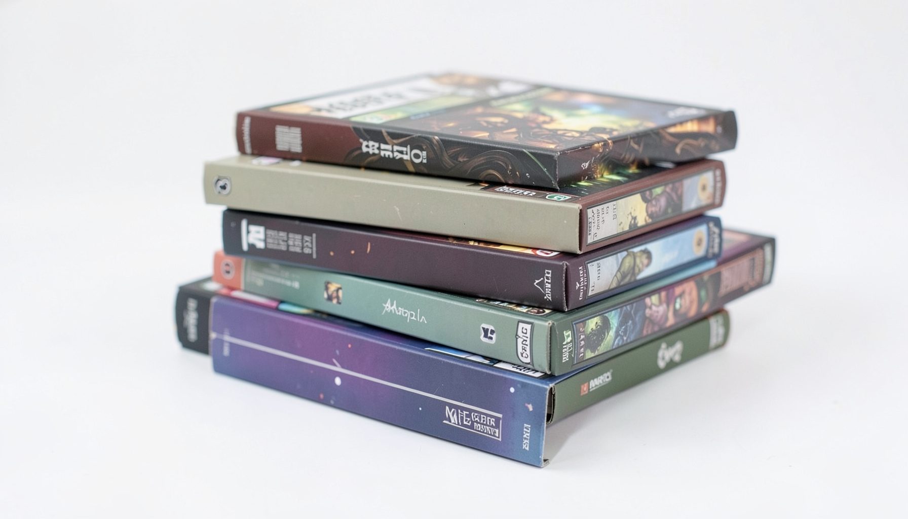 A stack of Magic: The Gathering deck boxes in various muted colors on a clean white surface.