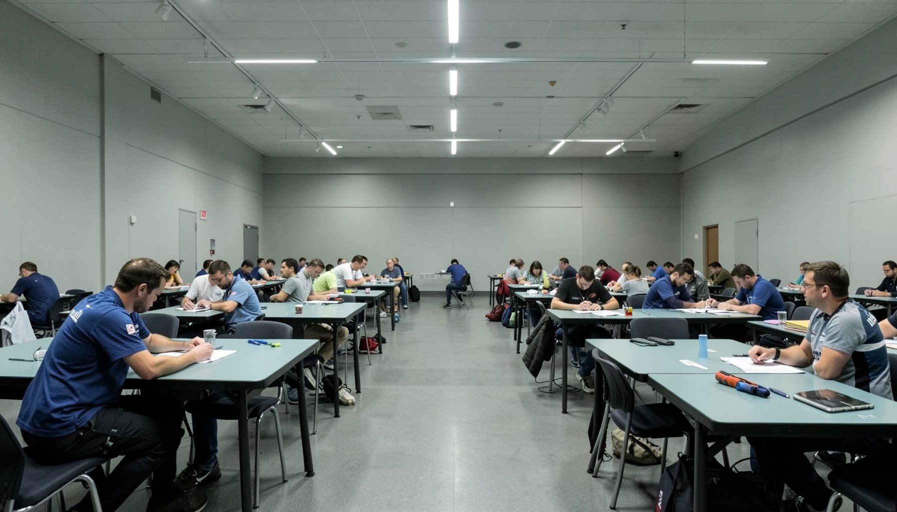 A tournament hall with rows of tables and players focused on their matches, bathed in neutral greys and soft overhead light