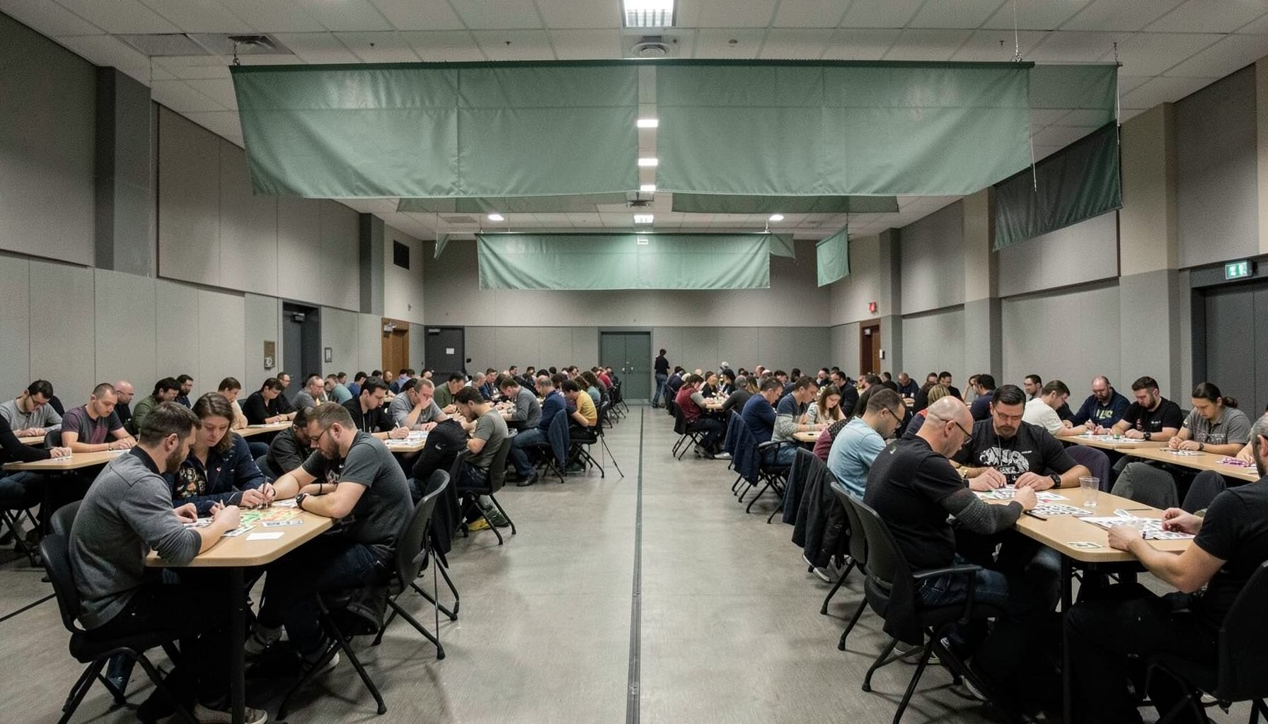 A tournament hall with rows of tables, players focused on card games, overhead banners in muted green and gray, soft overall lighting