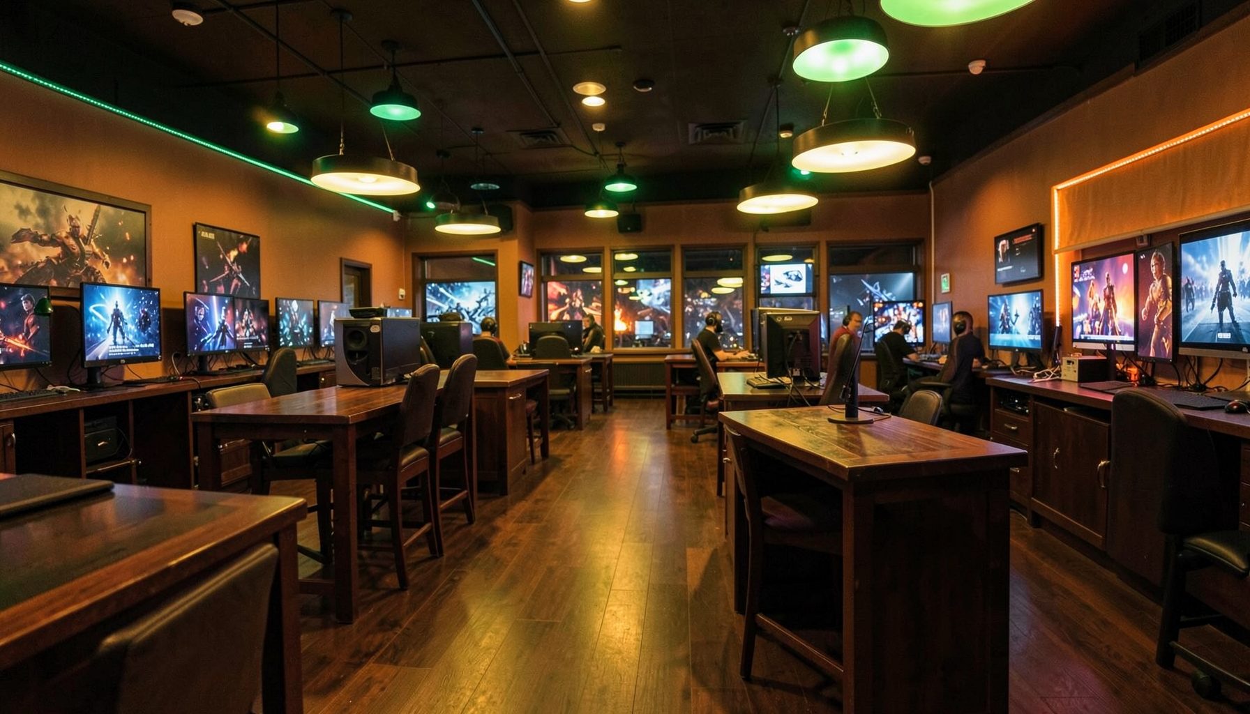 A wide atmospheric shot of a gaming hall interior with warm amber lighting, dark wood tables, and a soft green glow