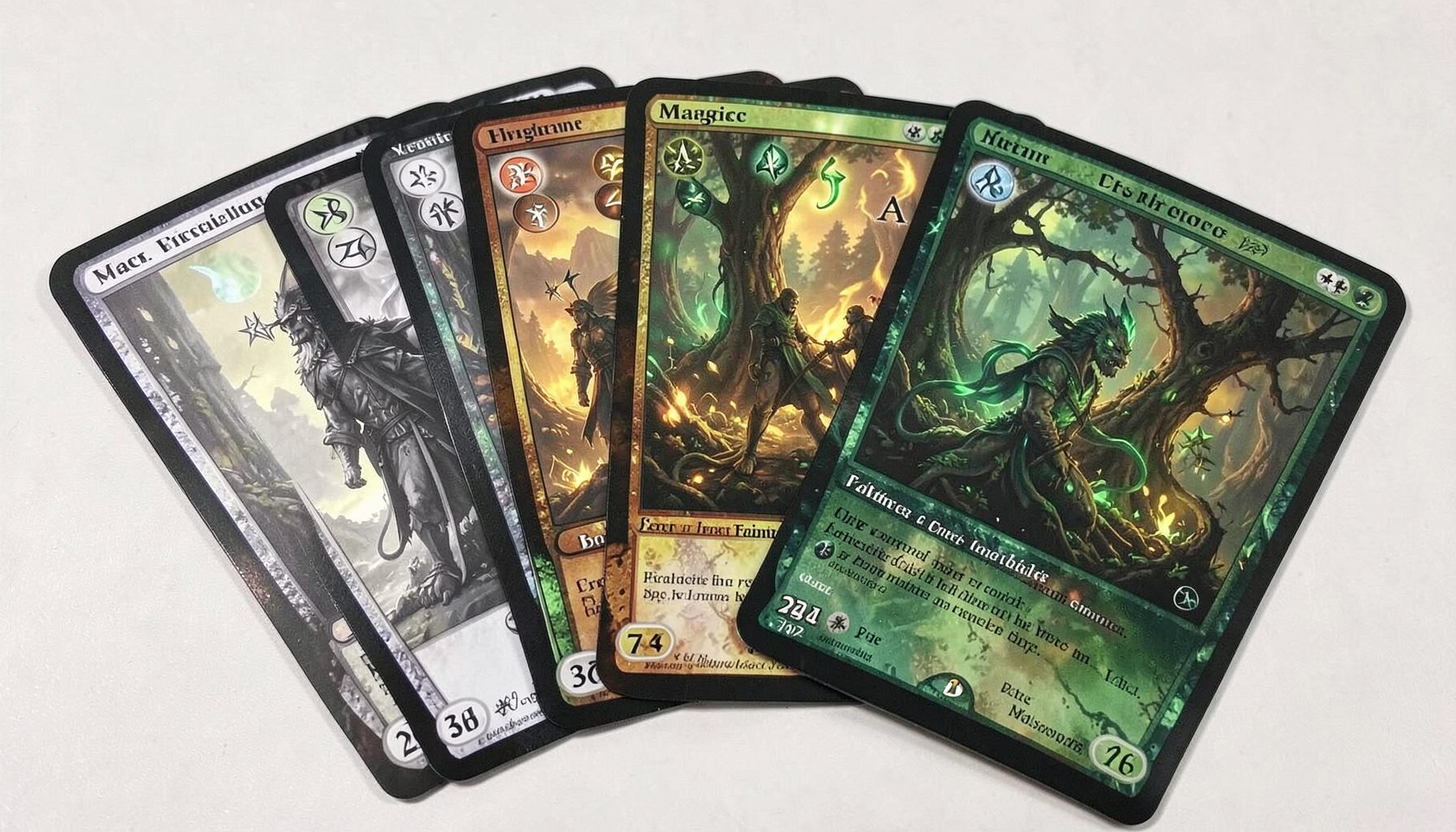 Several Magic cards fanned out showing white and green mana symbols, warm golds and forest greens.
