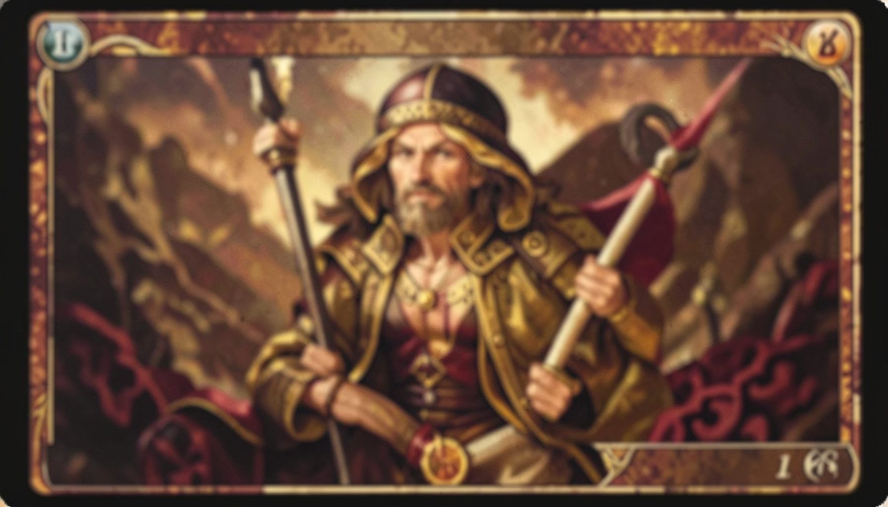 Vintage-style Magic card artwork visible in soft focus, with rich earthy browns, faded golds, and deep crimson accents.